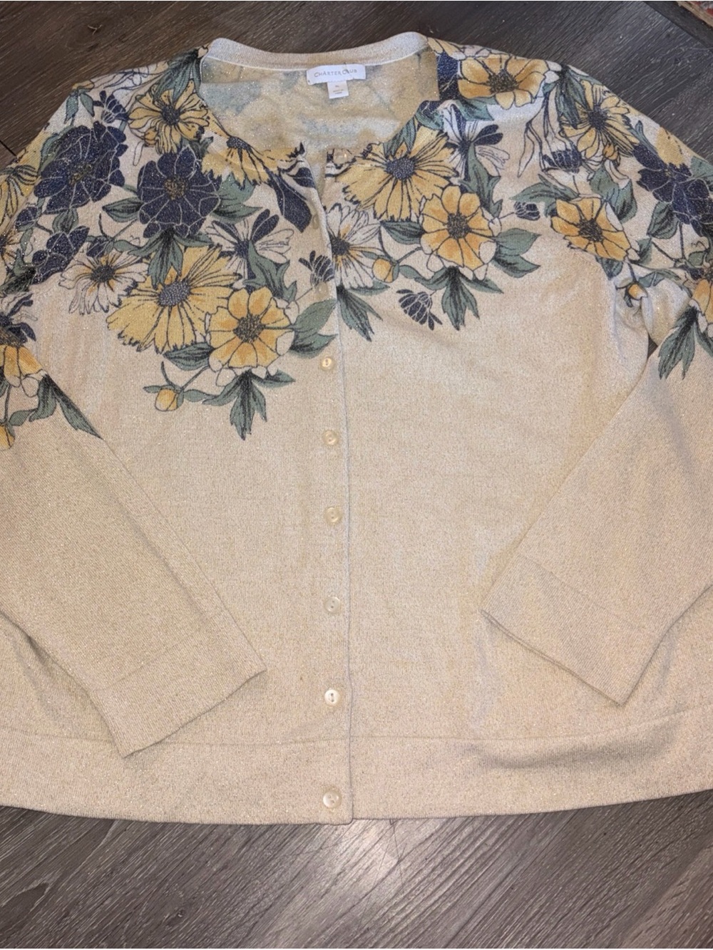 Charter Club Cream Cardigan with Yellow & Navy Floral Yoke